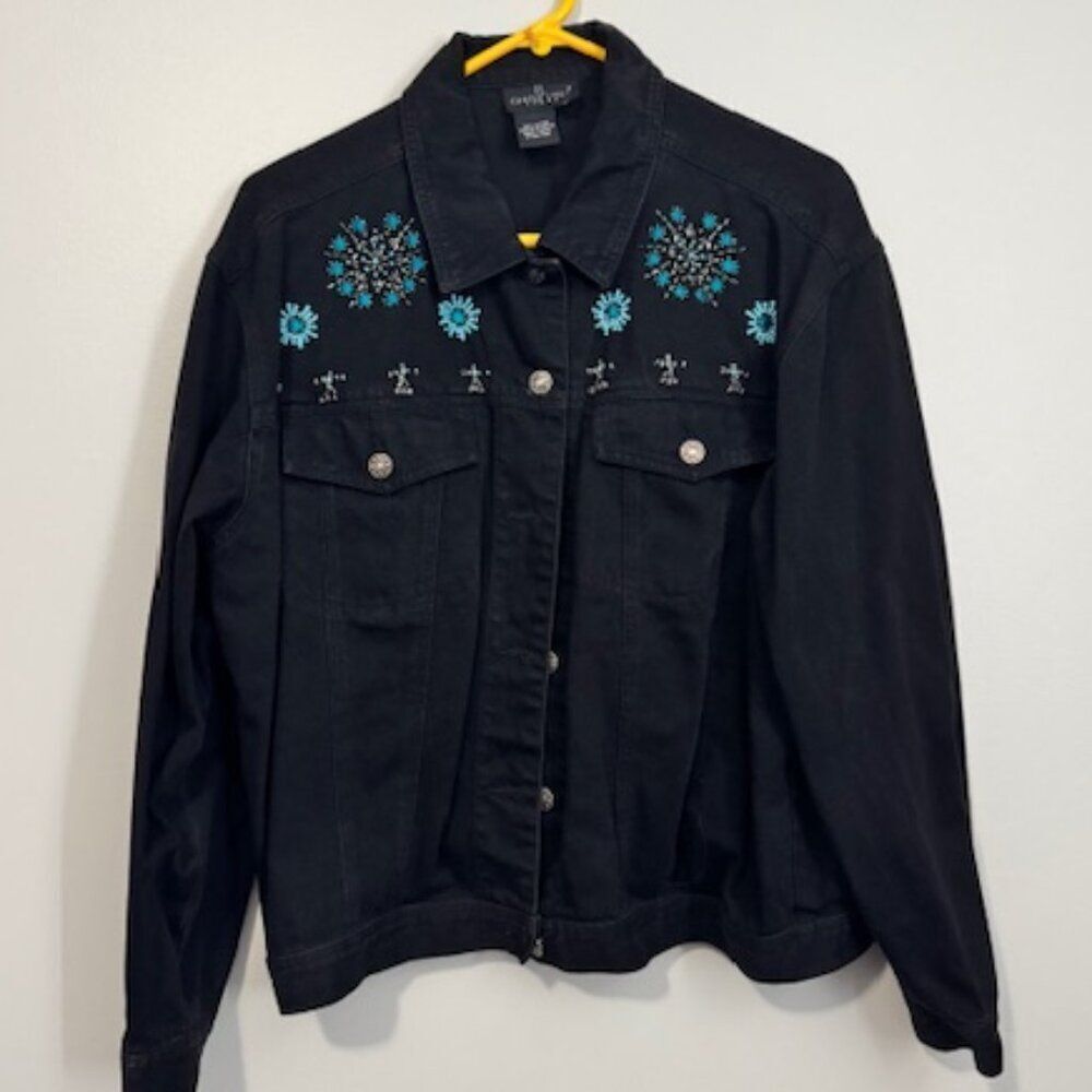 USED Woman's Carole Little Long Sleeve Button Down Jean Jacket Color Black Sz 12